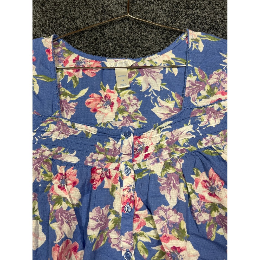 Adonna Sleepwear Nightgown House dress 1X Blue Floral Cotton Ruffle Pintuck Gown - Picture 6 of 8